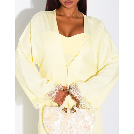Linen-effect pants and kimono set with lace trim