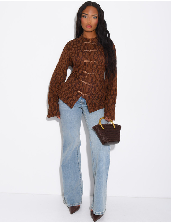 Top manches longues en dentelle doublé et attaches style asiatique