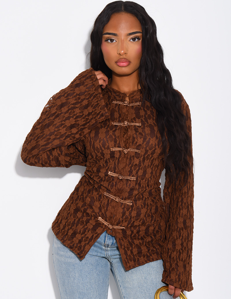 Long-sleeve lace top with...