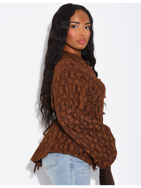 Top manches longues en dentelle doublé et attaches style asiatique