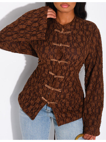 Top manches longues en dentelle doublé et attaches style asiatique