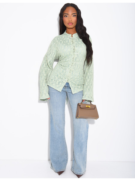 Long-sleeve lace top with lining and Asian-style ties
