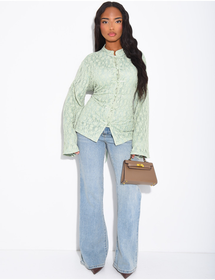 Long-sleeve lace top with lining and Asian-style ties