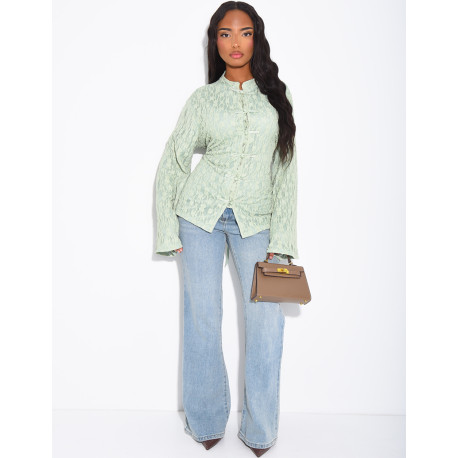 Long-sleeve lace top with lining and Asian-style ties
