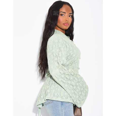 Long-sleeve lace top with lining and Asian-style ties