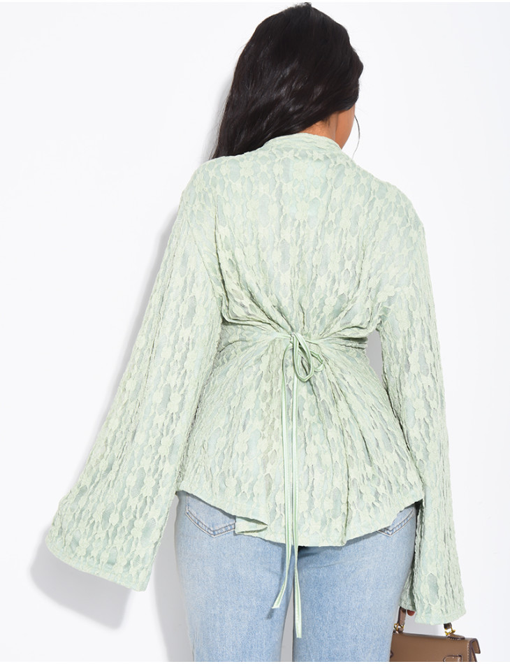 Long-sleeve lace top with lining and Asian-style ties