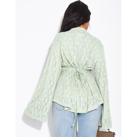 Long-sleeve lace top with lining and Asian-style ties