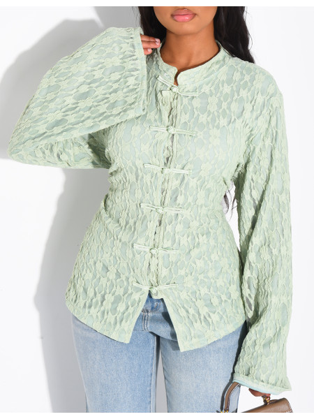 Long-sleeve lace top with lining and Asian-style ties