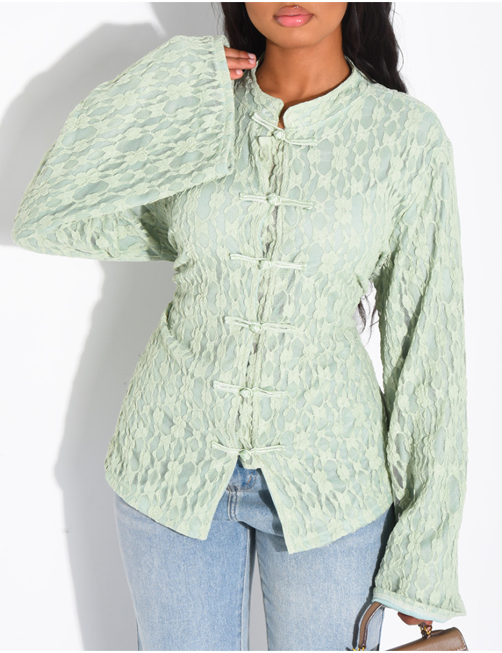 Long-sleeve lace top with lining and Asian-style ties