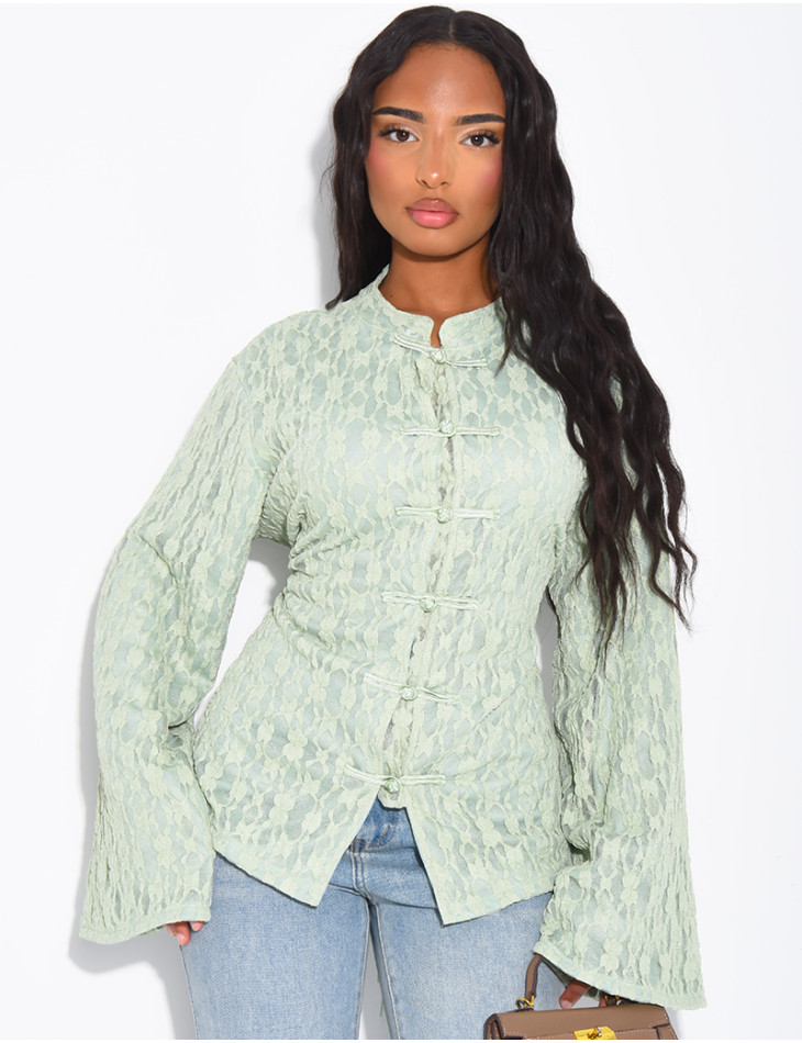 Long-sleeve lace top with lining and Asian-style ties