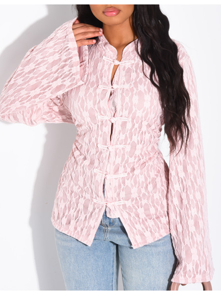Long-sleeve lace top with lining and Asian-style ties