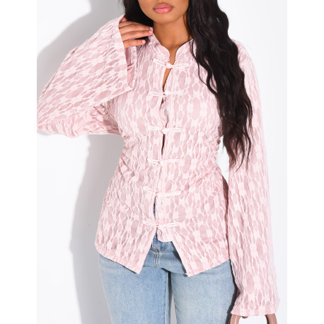 Long-sleeve lace top with lining and Asian-style ties