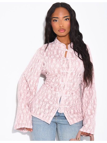 Long-sleeve lace top with lining and Asian-style ties
