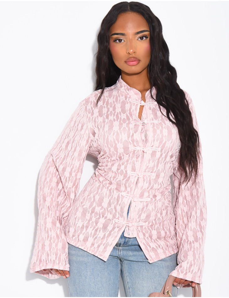 Long-sleeve lace top with lining and Asian-style ties