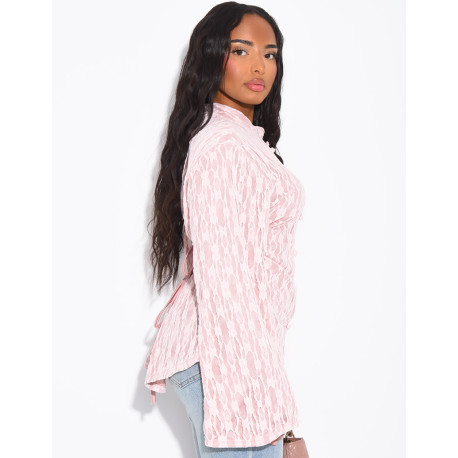 Long-sleeve lace top with lining and Asian-style ties