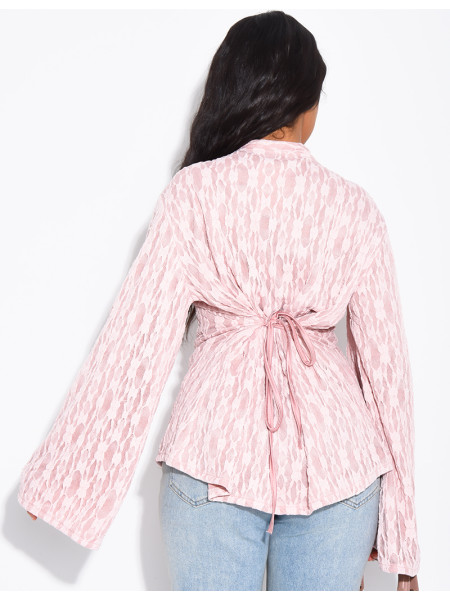 Long-sleeve lace top with lining and Asian-style ties