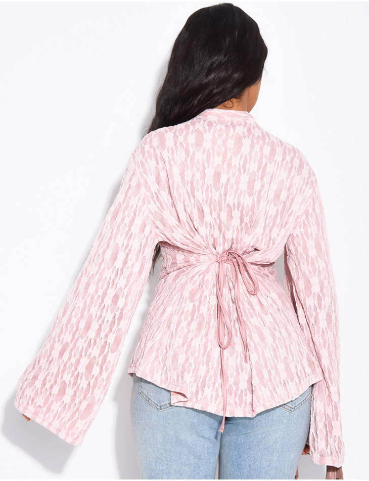 Long-sleeve lace top with lining and Asian-style ties