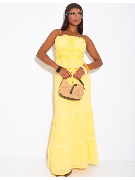 Cropped top and long embroidered skirt set