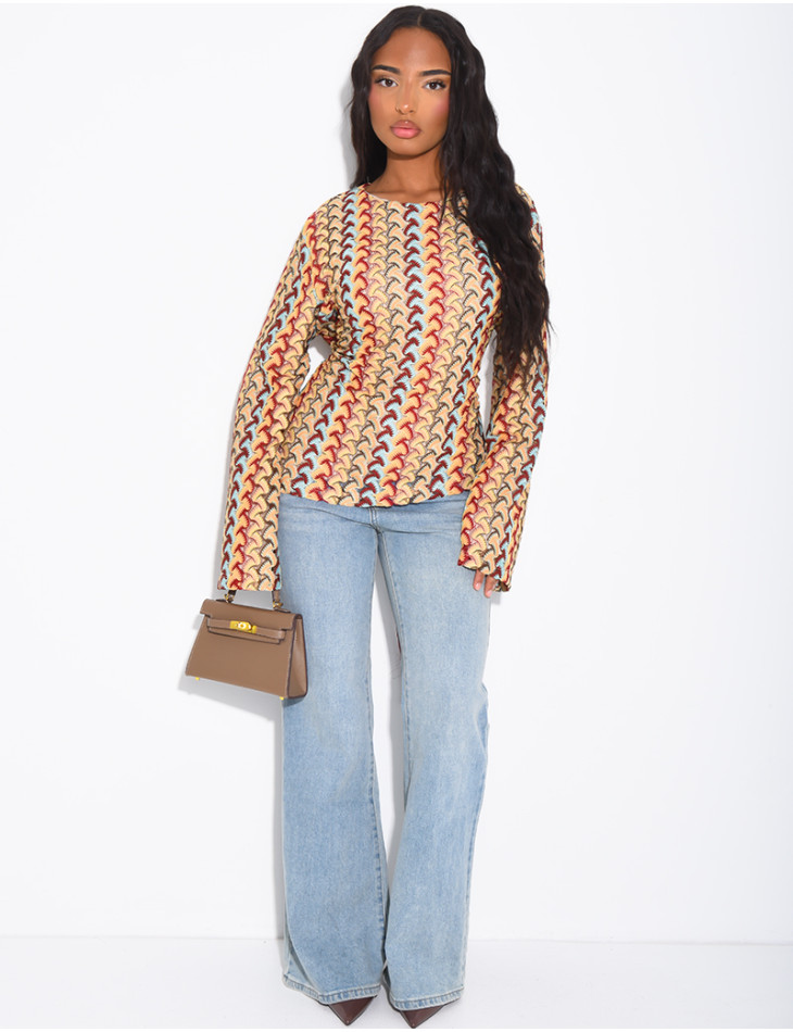 Multicolored crochet long-sleeve top