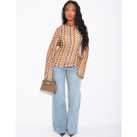 Multicolored crochet long-sleeve top