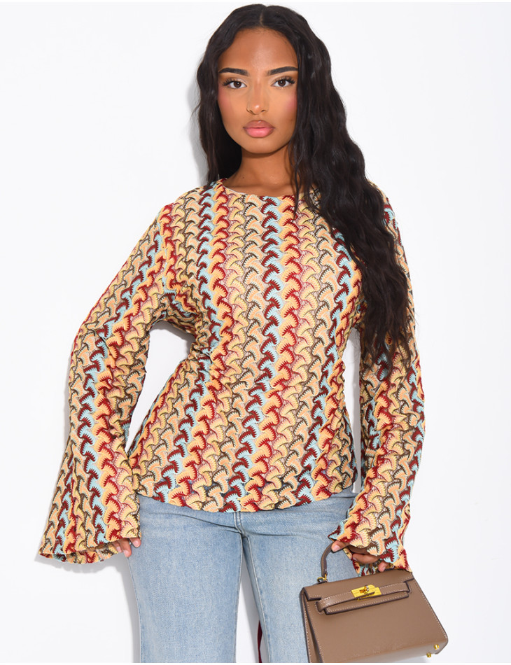 Multicolored crochet long-sleeve top