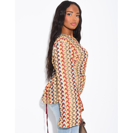 Multicolored crochet long-sleeve top