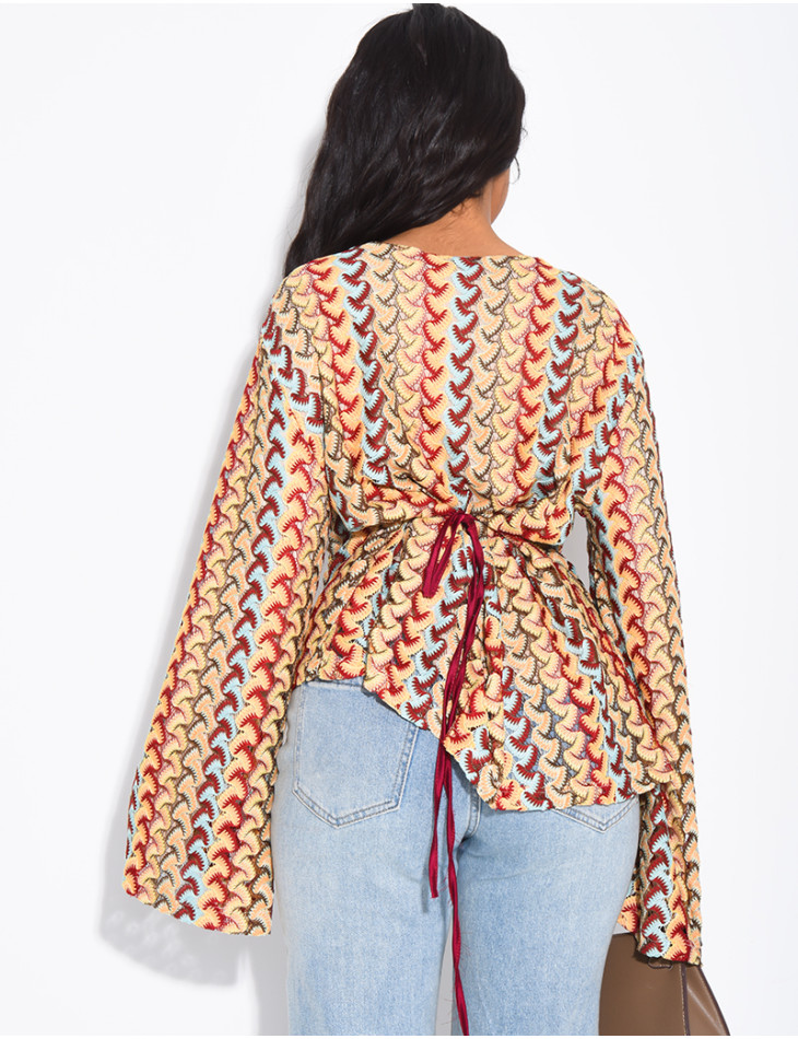 Multicolored crochet long-sleeve top
