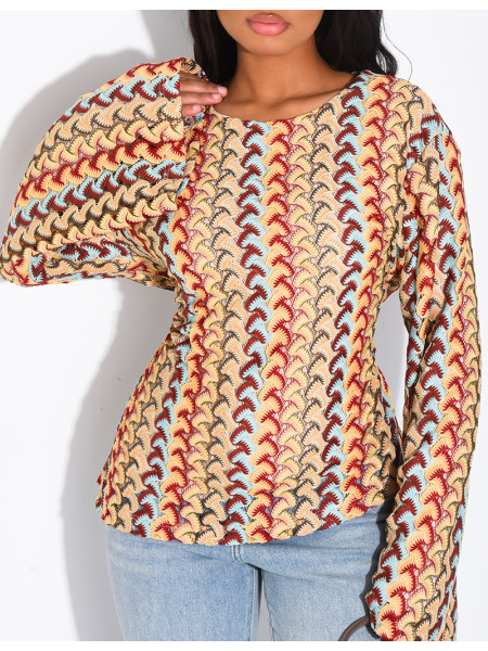 Multicolored crochet long-sleeve top