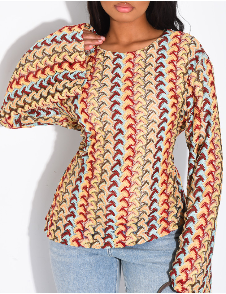 Multicolored crochet long-sleeve top