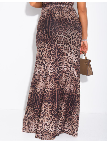 Long leopard-print mesh skirt