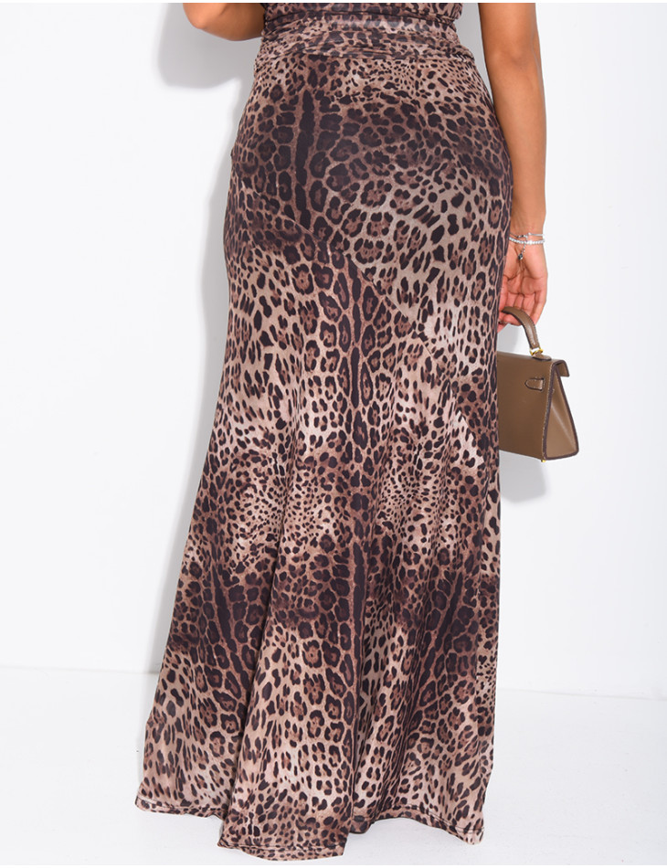 Long leopard-print mesh skirt