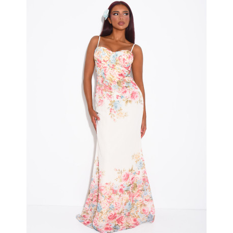 Robe bustier longue imprimé fleurs à fines bretelles