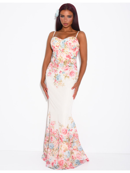 Robe bustier longue imprimé fleurs à fines bretelles