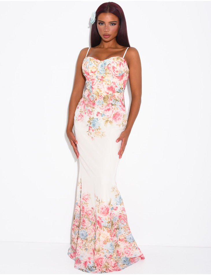 Robe bustier longue imprimé fleurs à fines bretelles