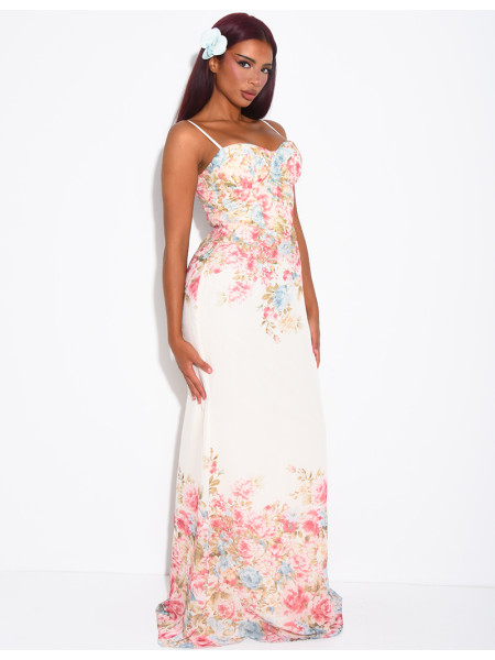 Robe bustier longue imprimé fleurs à fines bretelles