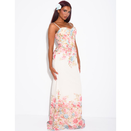 Robe bustier longue imprimé fleurs à fines bretelles