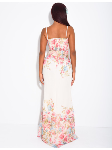 Robe bustier longue imprimé fleurs à fines bretelles