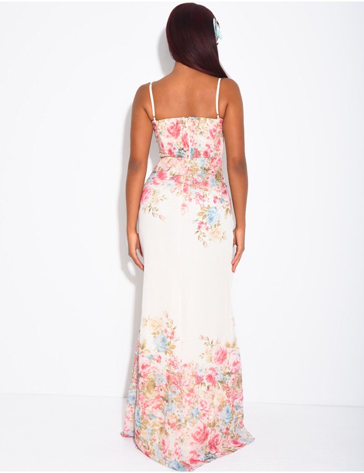 Robe bustier longue imprimé fleurs à fines bretelles