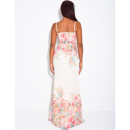 Robe bustier longue imprimé fleurs à fines bretelles