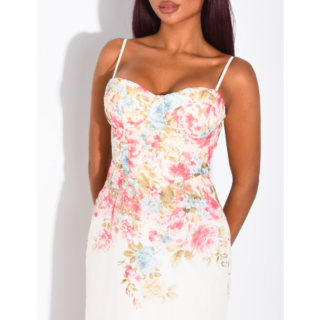 Robe bustier longue imprimé fleurs à fines bretelles