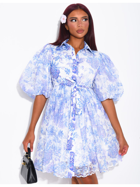 Robe courte boutonnée en voile imprimé floral à ceinture
