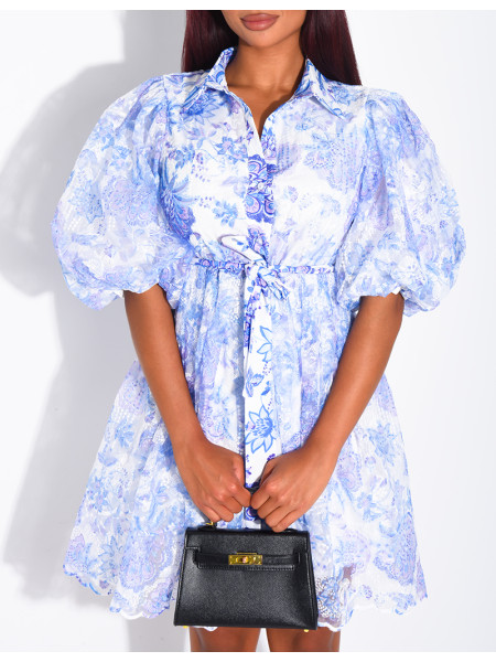 Robe courte boutonnée en voile imprimé floral à ceinture