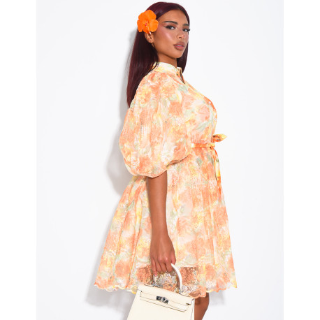 Robe courte boutonnée en voile imprimé floral à ceinture