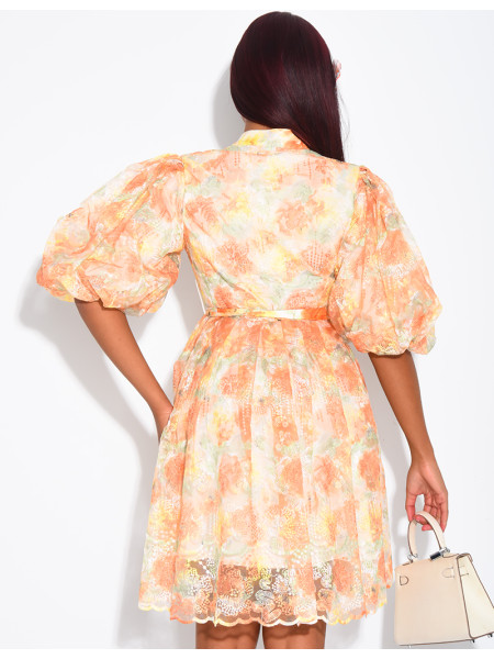 Robe courte boutonnée en voile imprimé floral à ceinture