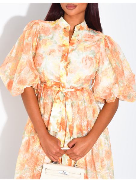 Robe courte boutonnée en voile imprimé floral à ceinture