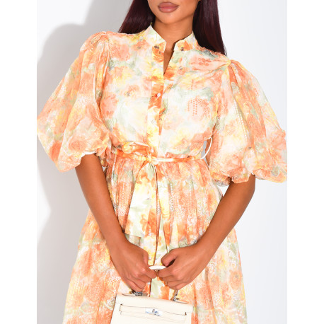 Robe courte boutonnée en voile imprimé floral à ceinture