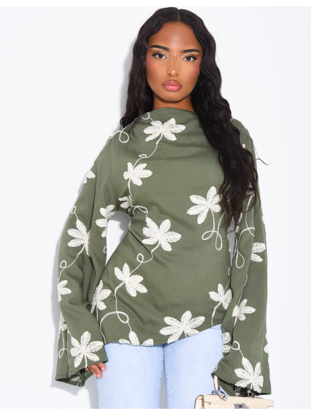 Top effet lin asymétrique à nouer avec motifs brodés