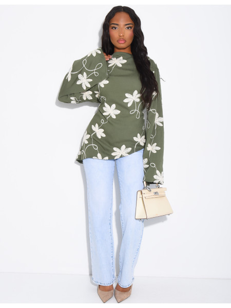 Top effet lin asymétrique à nouer avec motifs brodés