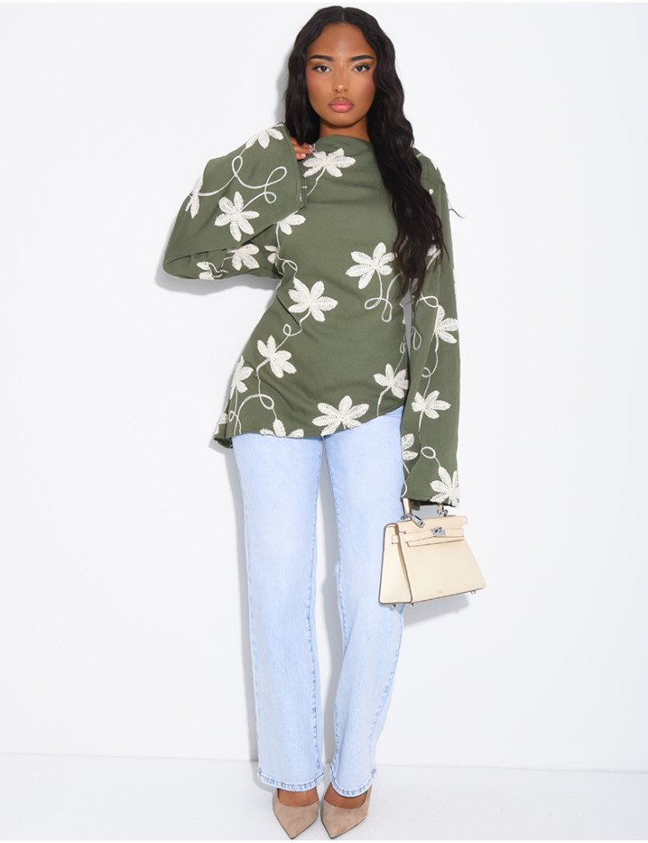 Top effet lin asymétrique à nouer avec motifs brodés