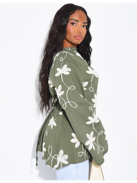 Top effet lin asymétrique à nouer avec motifs brodés